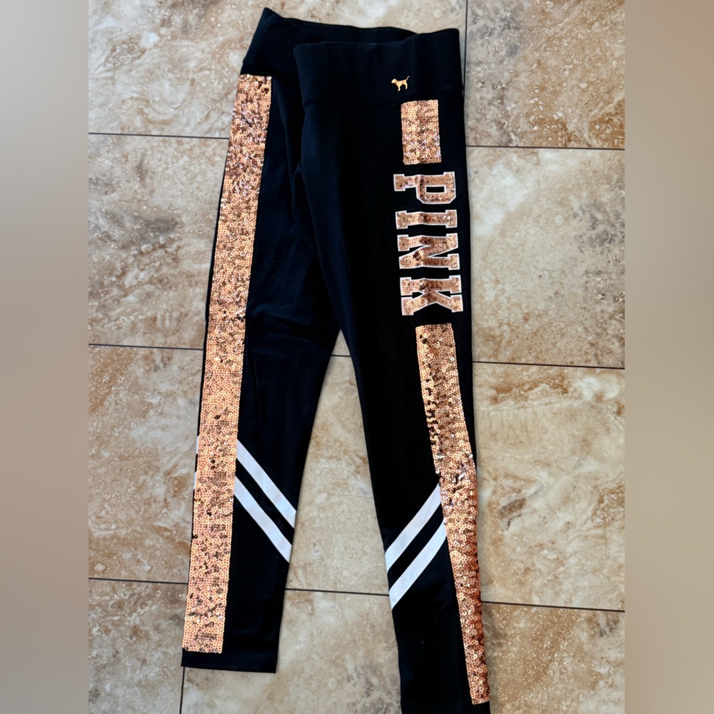 PINK Victoria's Secret Black Leggings with Rose Gold Sequin Side Stripes - Picture 2 of 6